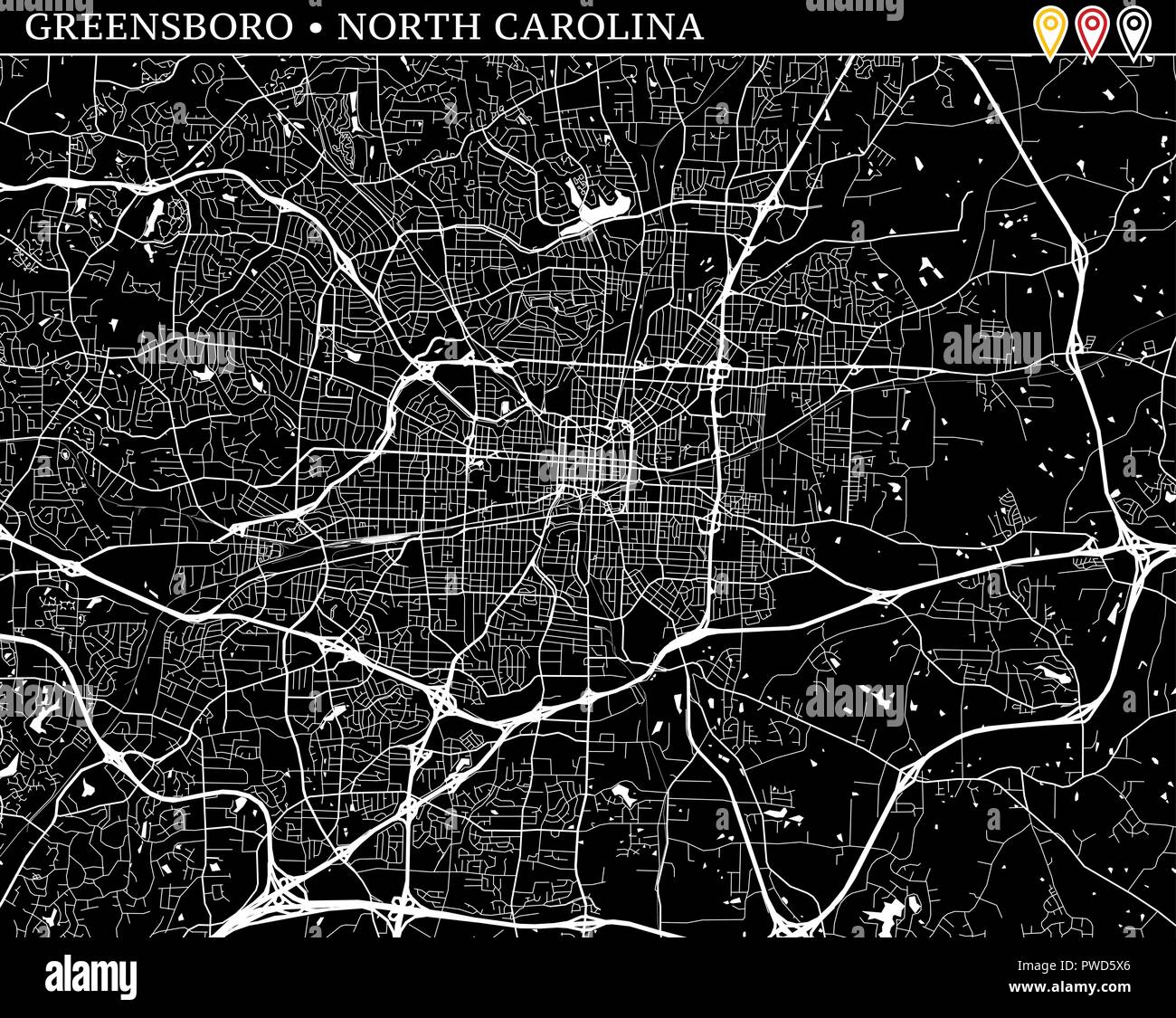 Simple map of Greensboro, North Carolina, USA. Black and white version for clean backgrounds and prints. This map of Greensboro contains three markers Stock Vector