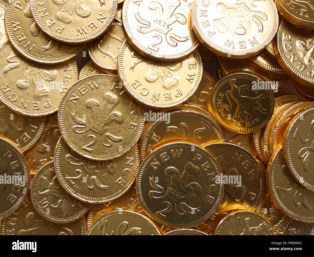 Gold chocolate coins (British two pence Stock Photo Alamy
