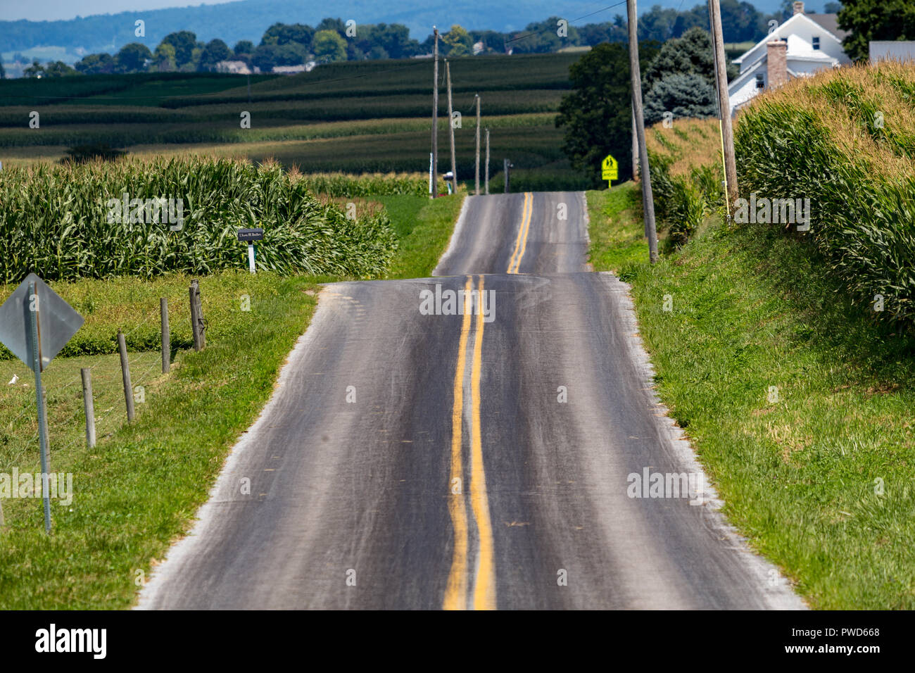 Paradise, PA, USA - August 8, 2015: A rural, two-lane country road in farmland during the summer in Lancaster County, Pennsylvania. Stock Photo