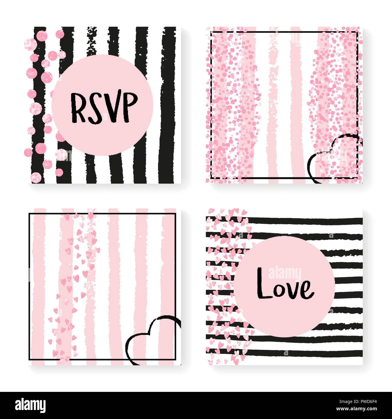 Wedding glitter confetti on stripes, invitation set Stock Vector