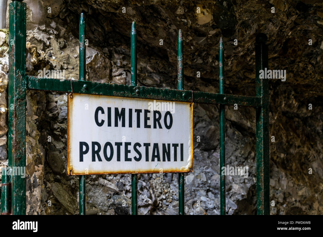 Worn Italian sign for a Protestant Cemetery Stock Photo