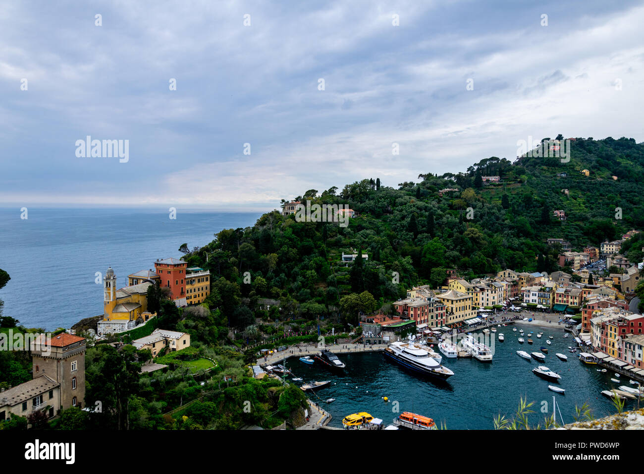 A view of the harbour at Portofino from the path leading to the lighthouse Stock Photo