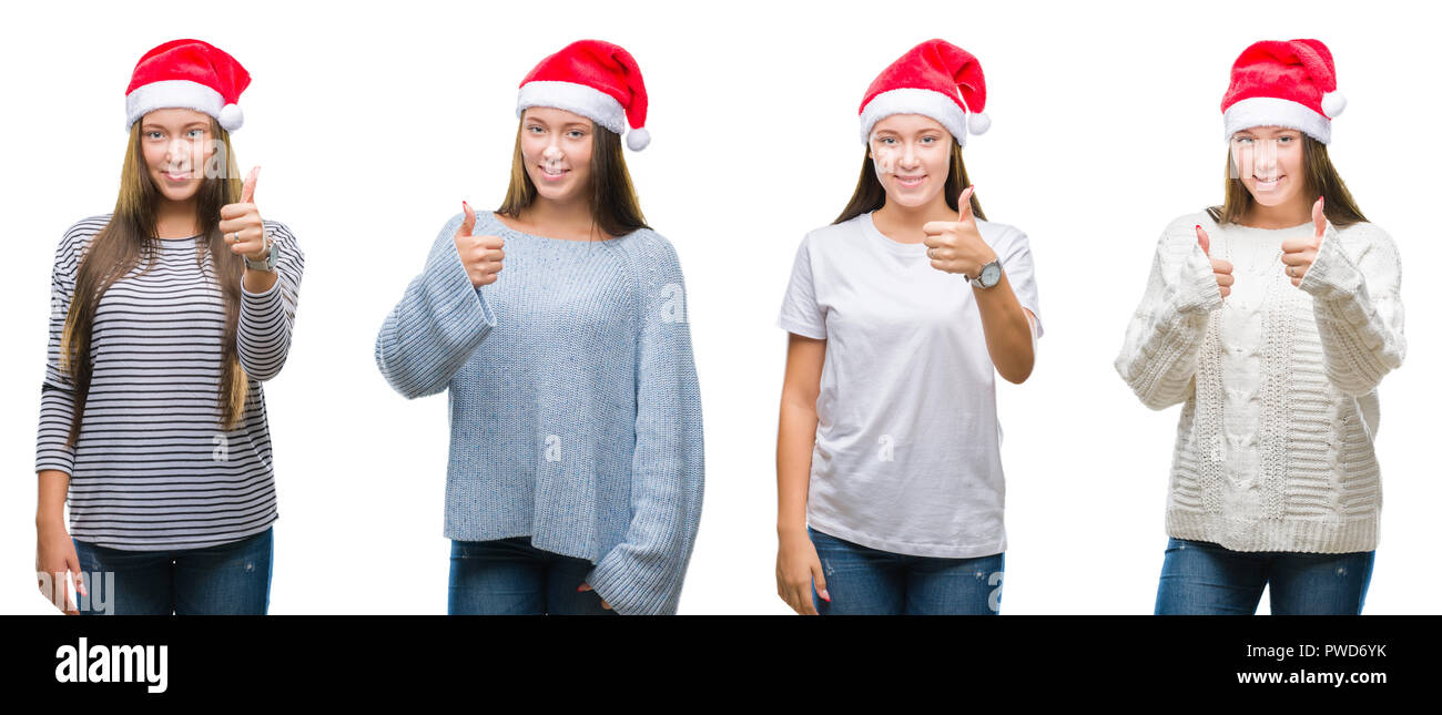 Collage of young girl wearing christmas hat over white isolated background doing happy thumbs up gesture with hand. Approving expression looking at th Stock Photo