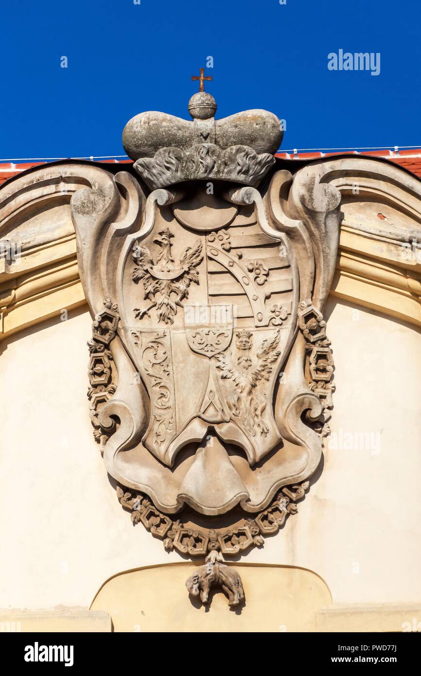 VALTICE, CZECH REPUBLIC, OCTOBER 14, 2018: Lichtenstein family coat of arms on the baroque castle Valdice. To its present form it was rebuilt in 1730 Stock Photo