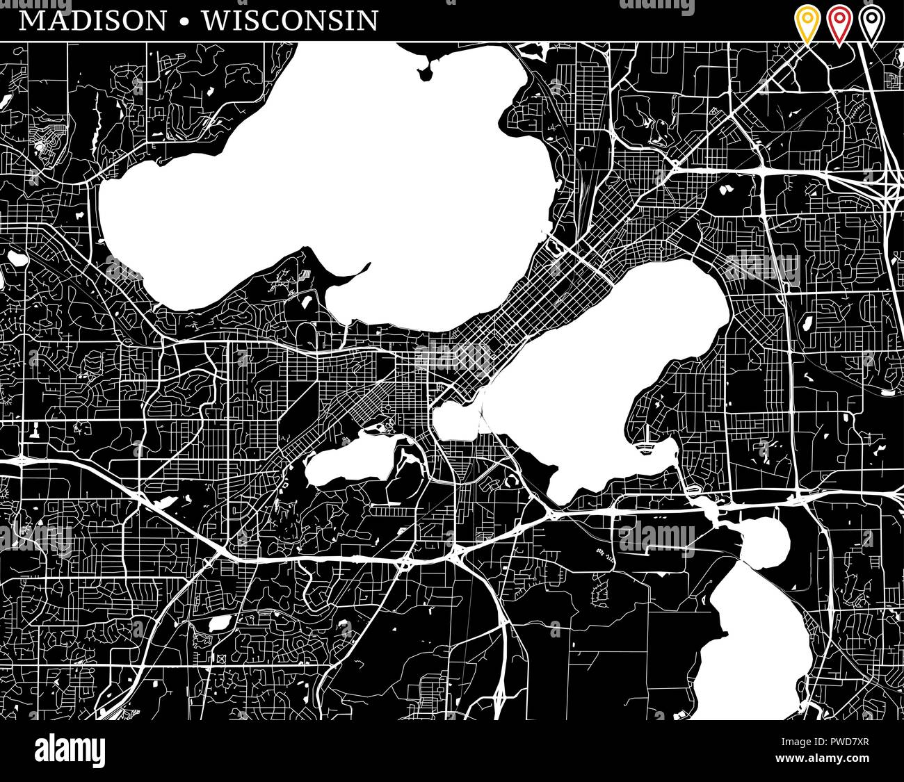 Simple map of Madison, Wisconsin, USA. Black and white version for
