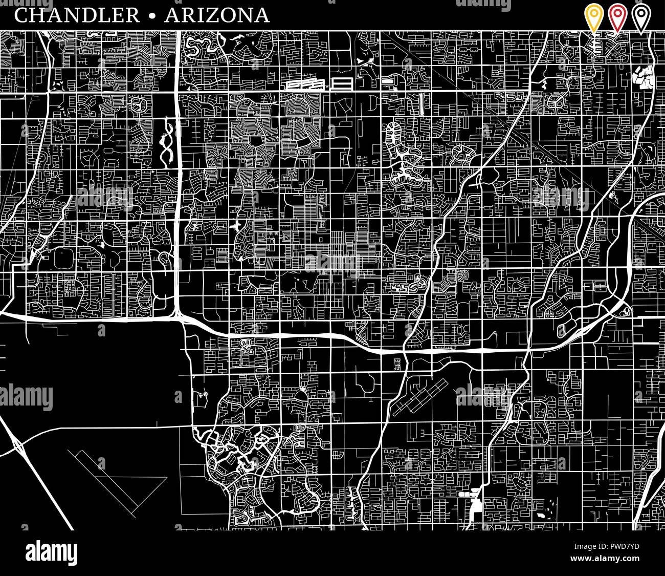 Simple map of Chandler, Arizona, USA. Black and white version for clean backgrounds and prints. This map of Chandler contains three markers who are gr Stock Vector