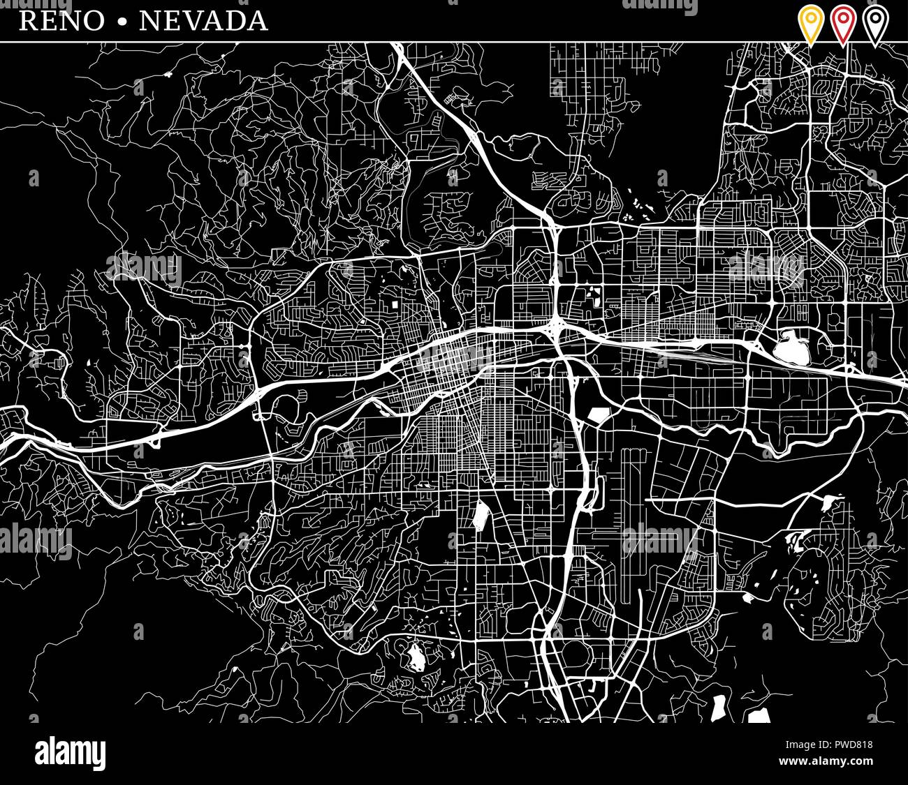 Simple map of Reno Nevada USA - Simple Map Of Reno Nevada Usa Black And White Version For Clean Backgrounds And Prints This Map Of Reno Contains Three Markers Who Are Grouped And PWD818