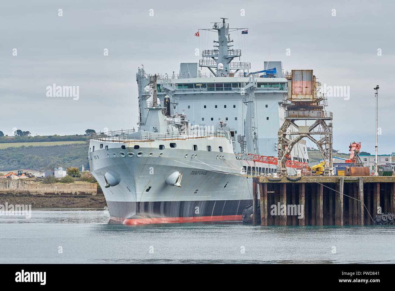 RFA Tideforce, Royal Navy tanker, moored for installation work in the docks of Falmouth harbor, Cornwall, England, on 8 october 2018. Stock Photo