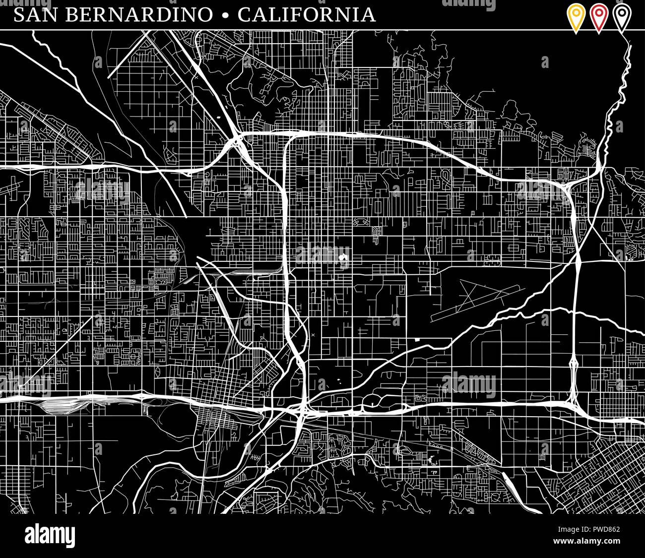 Simple map of San Bernardino, California, USA. Black and white version