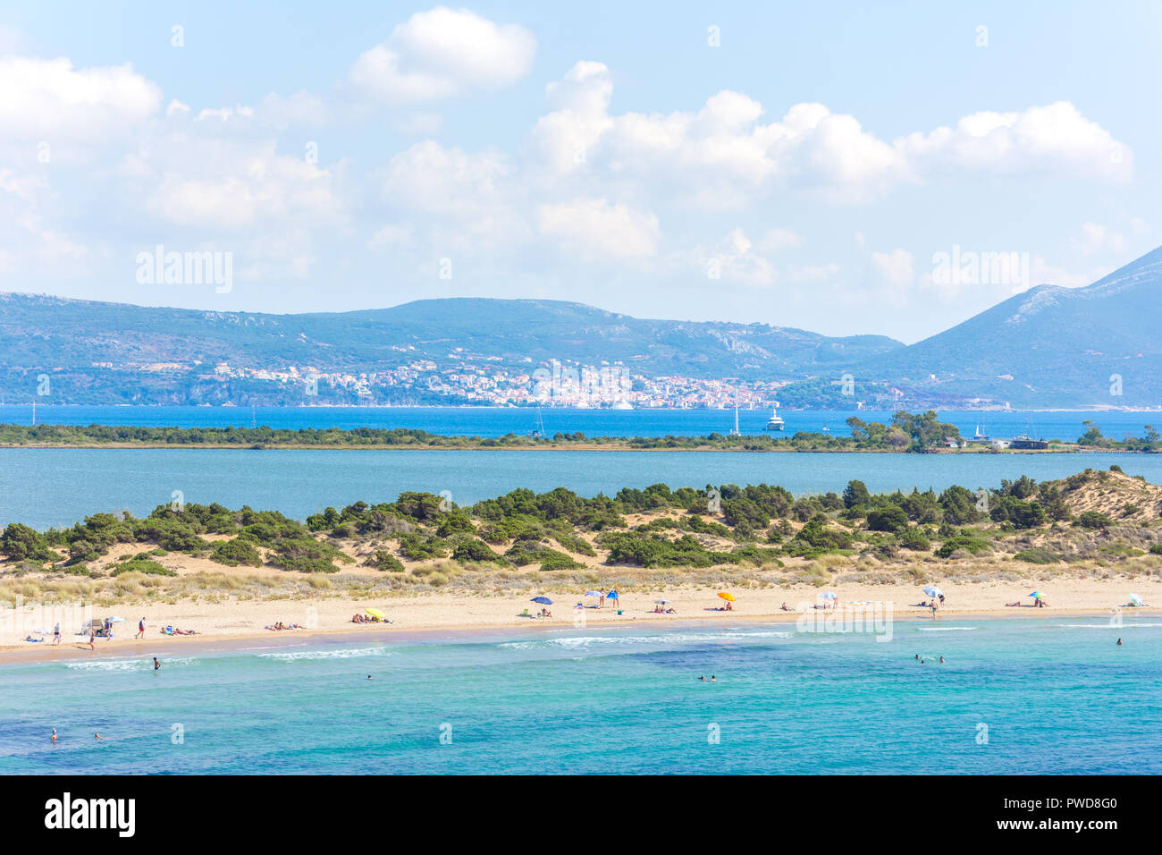 Amazing tropical sandy beach of Voidokilia, Peloponnese, Greece. Stock Photo