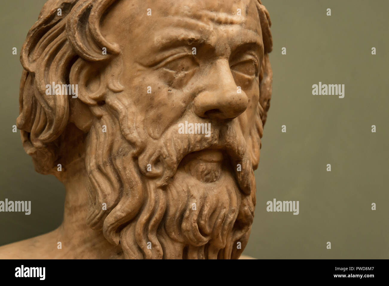 Portrait of a man on a herm known as Socrates is a bust on display in the Uffizi Gallery in Florence, Italy. Stock Photo