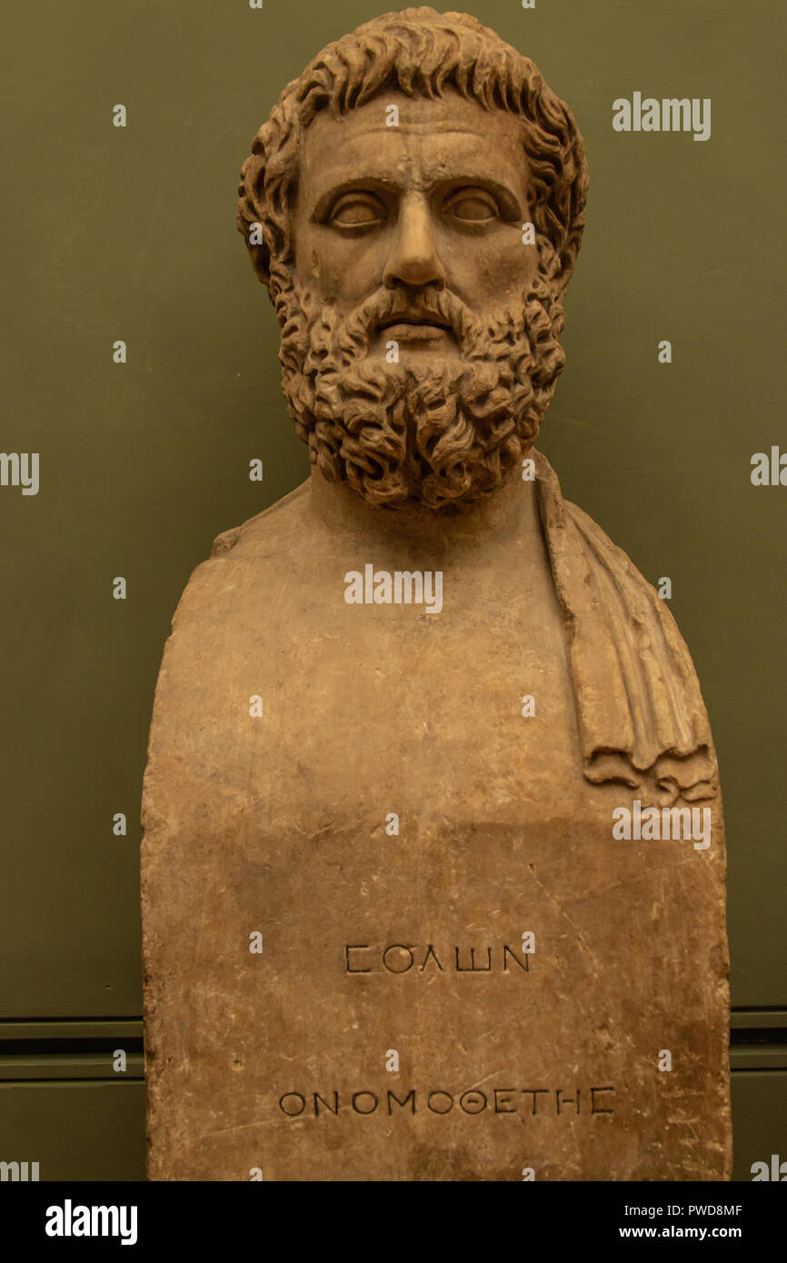 A marble bust of Sophocles, formerly known as Solon, on display in the Uffizi Gallery in Florence, Italy. Stock Photo
