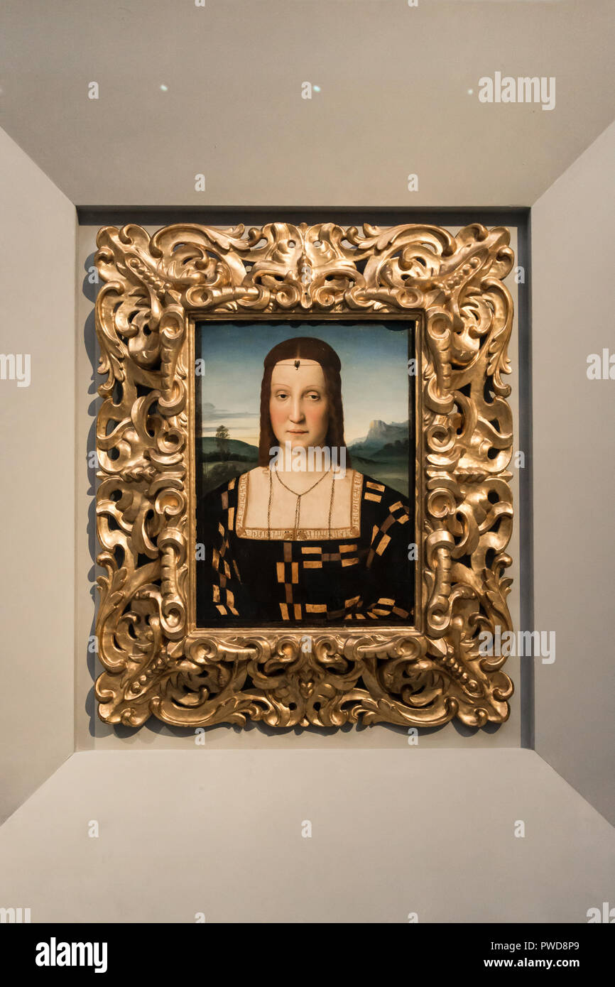 The Portrait of Elisabetta Gonzaga, wife of Duke Guidobaldo I of Urbino, is an oil on wood painting from 1504 and attributed to Raphael. It was transferred from the Pitti Palace to the Uffizi Gallery in 1773 where it remains on display. Stock Photo