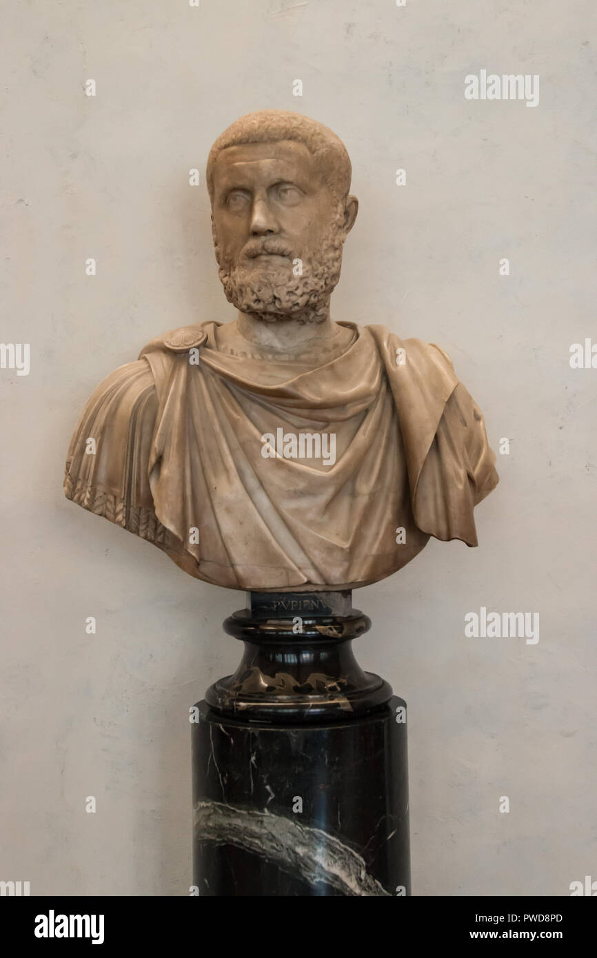 A bust on display in the Uffizi Gallery in Florence, Italy of the Emperor Pupienus Maximus of Rome. Stock Photo