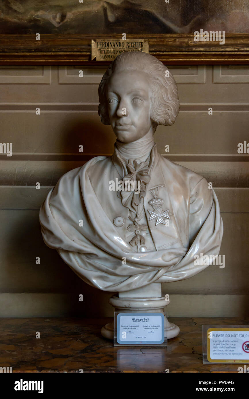 A bust titled Portrait of Ferdinand III Habsburg-Lorraine by Giuseppe Belli is on display in the Pitti Palace in Florence, Italy. Stock Photo