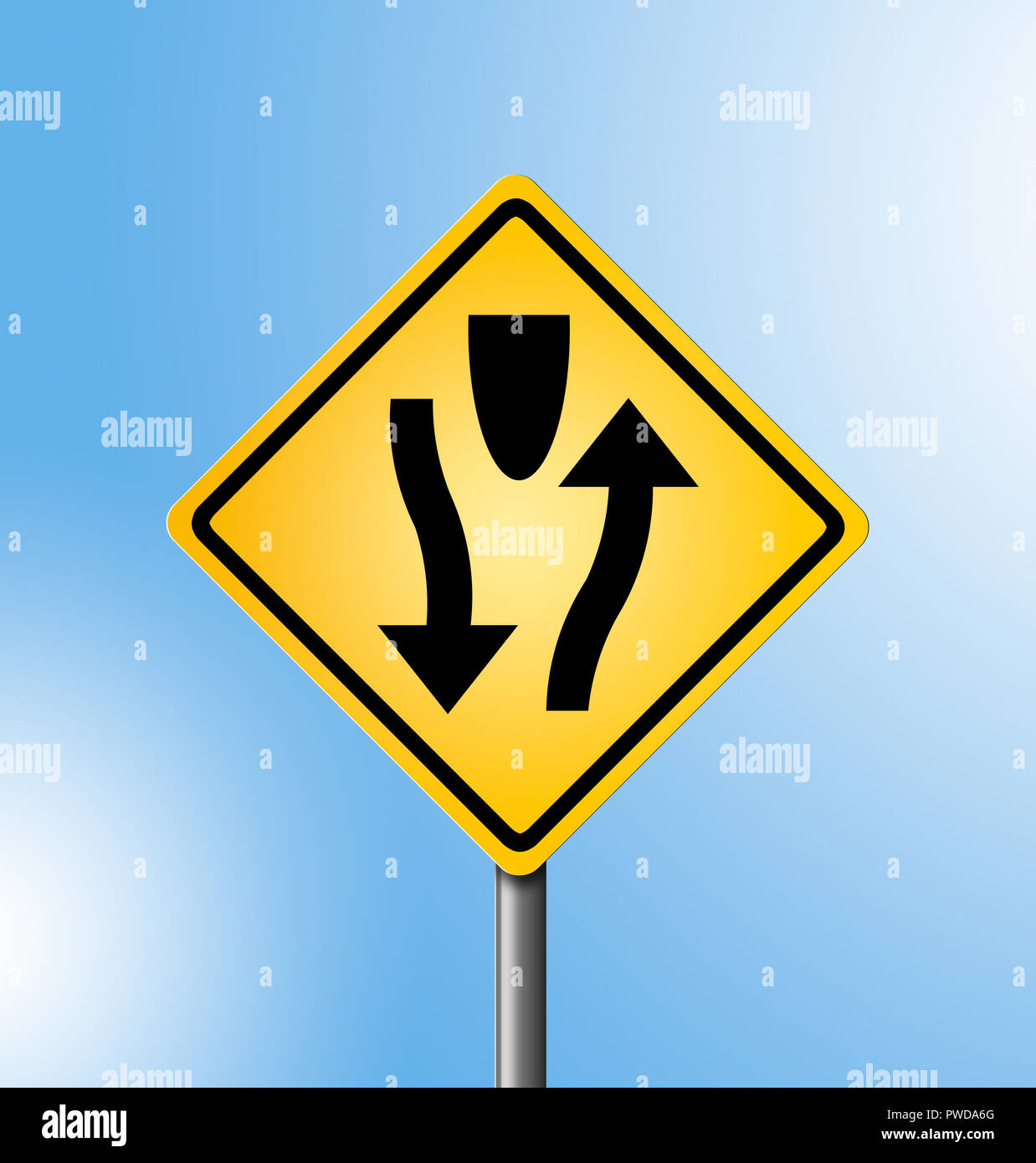 A Street Yellow 2 Two Way Warning Sing with Pole, Divided Highway Stock Photo