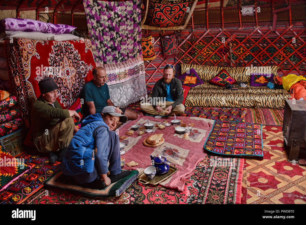 Interior of a Kyrgyz yurt, Kara Jilga, Tajikistan Stock Photo