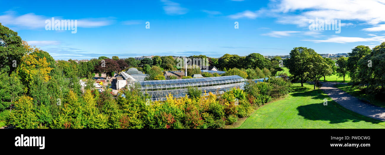 A panoramic view of David Welch Winter Gardens and Duthie Park from top of the Mound (artificial hill), Aberdeen, Scotland Stock Photo