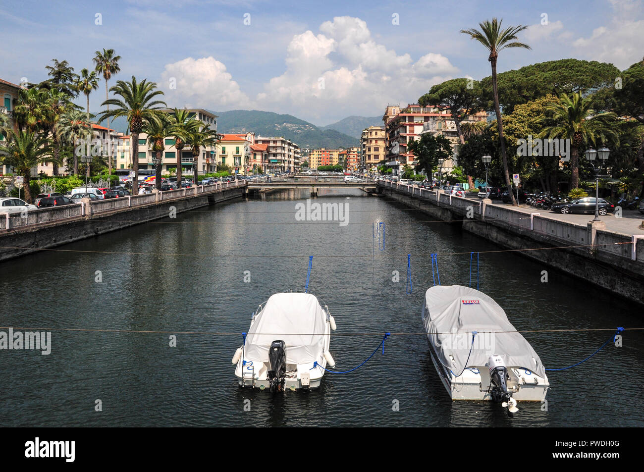 River / Canal running through the town of Rapallo Stock Photo