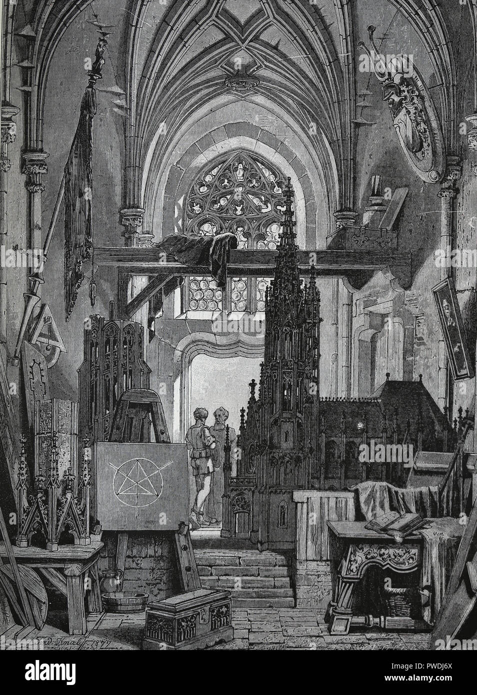 Europe. Middle ages Interior of a workshop. Stone carving. Engraving of Germania by Juan Scherr, 1882. Stock Photo