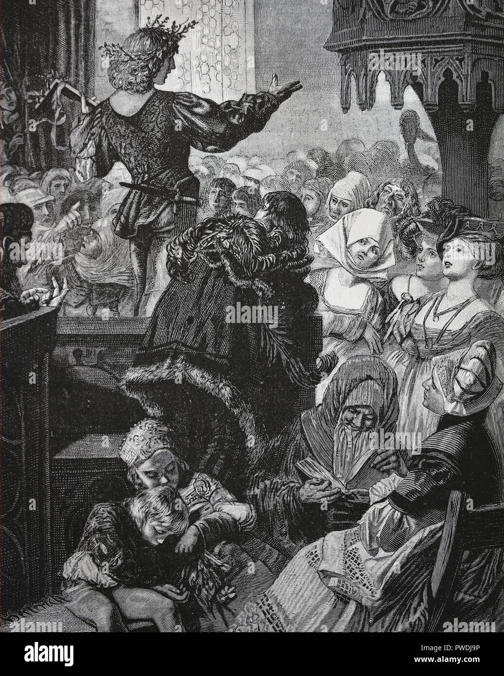 Master singer (Meistersinger). Germany. Contest of music. 14th-16th century. Engraving, 1882. Stock Photo