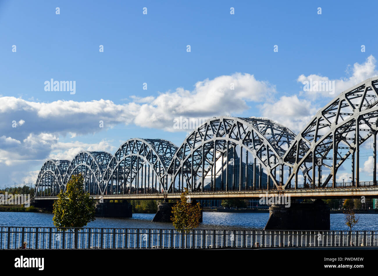 Railway bridge, Riga, Latvia, over the Daugava river Stock Photo