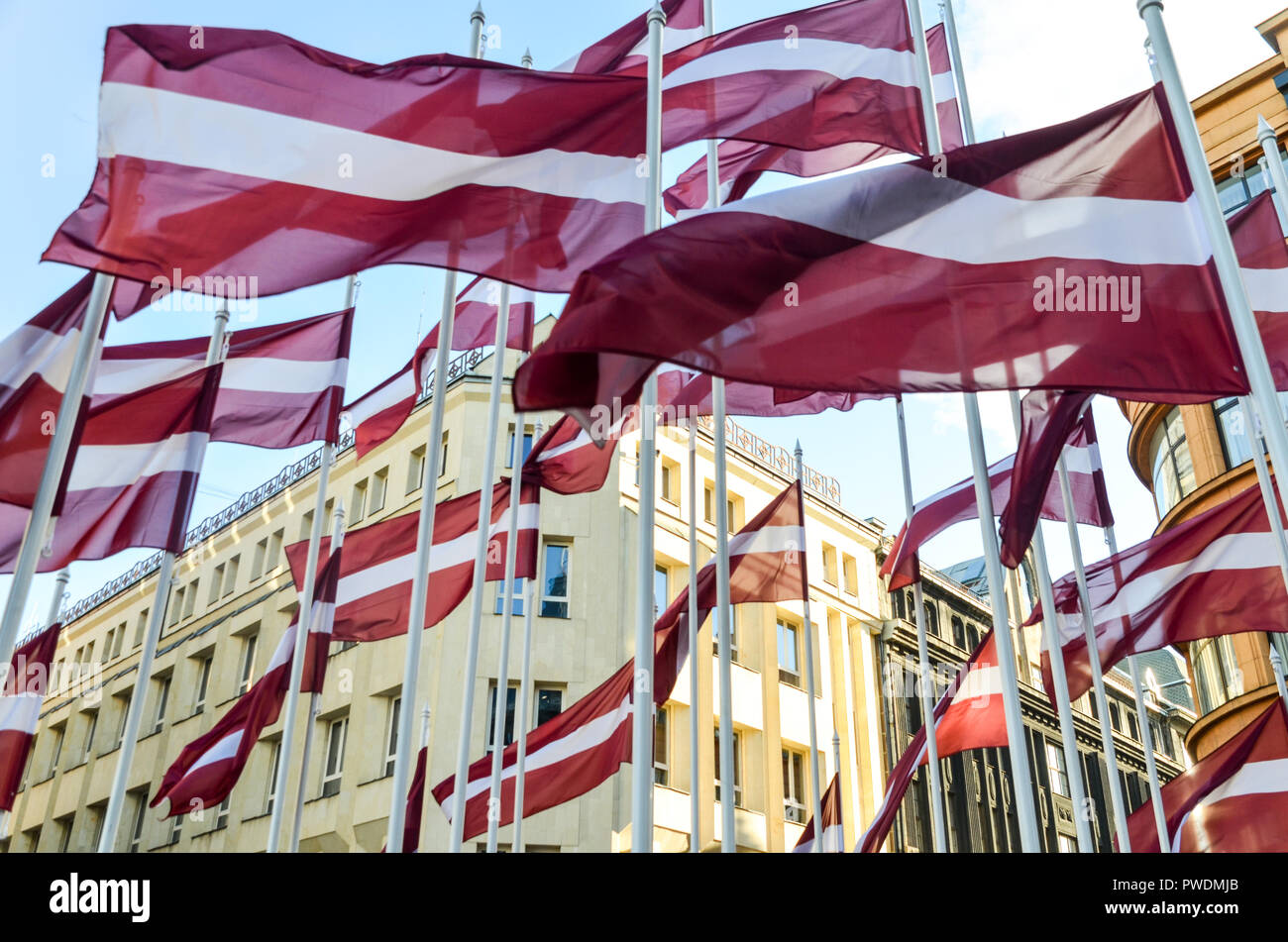 Latvian flags flying in Riga, Latvia Stock Photo