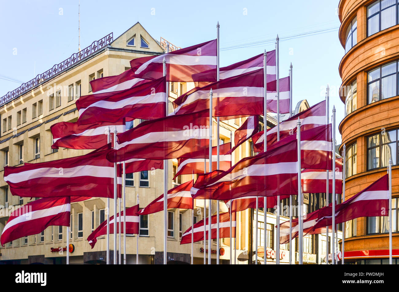 Latvian flags flying in Riga, Latvia Stock Photo