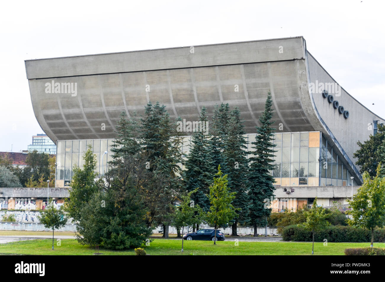 Vilnius Palace of Concerts and Sports, a large disused building by the Neris river Stock Photo