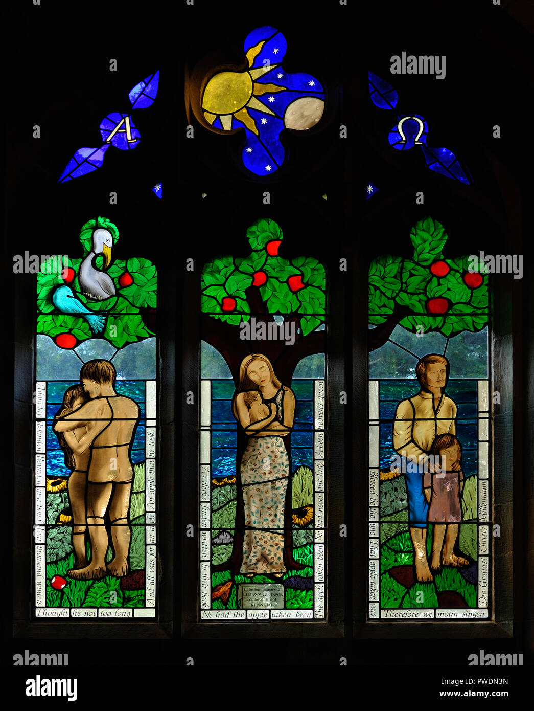 Millenium window by Sarah Sutton, 2001. Church of Saint Mark, Natland, Cumbria, England, United Kingdom, Europe. Stock Photo