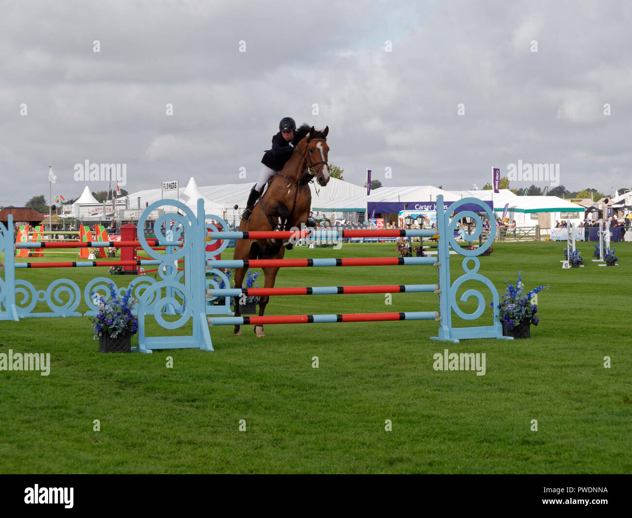 A show jumping competitor tackles one of the fences at the Berkshire County Show. The show is annual event held each September Stock Photo