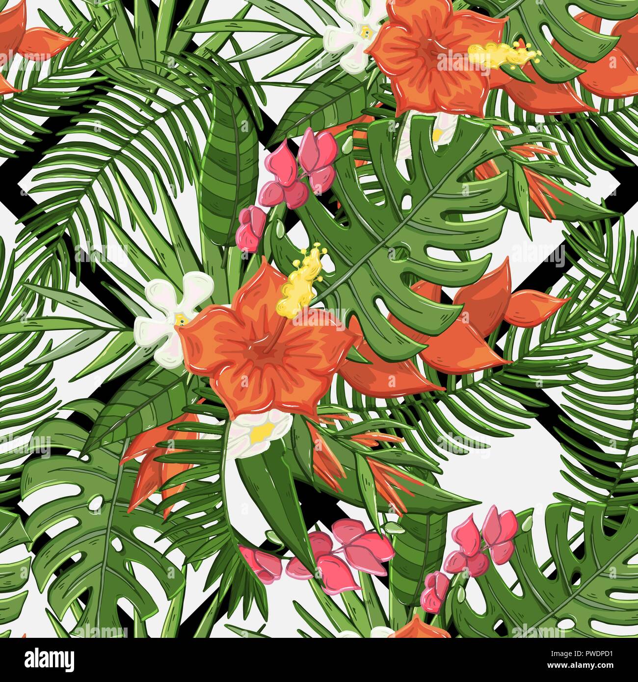 Vector seamless flowers pattern with tropical plants Stock Vector