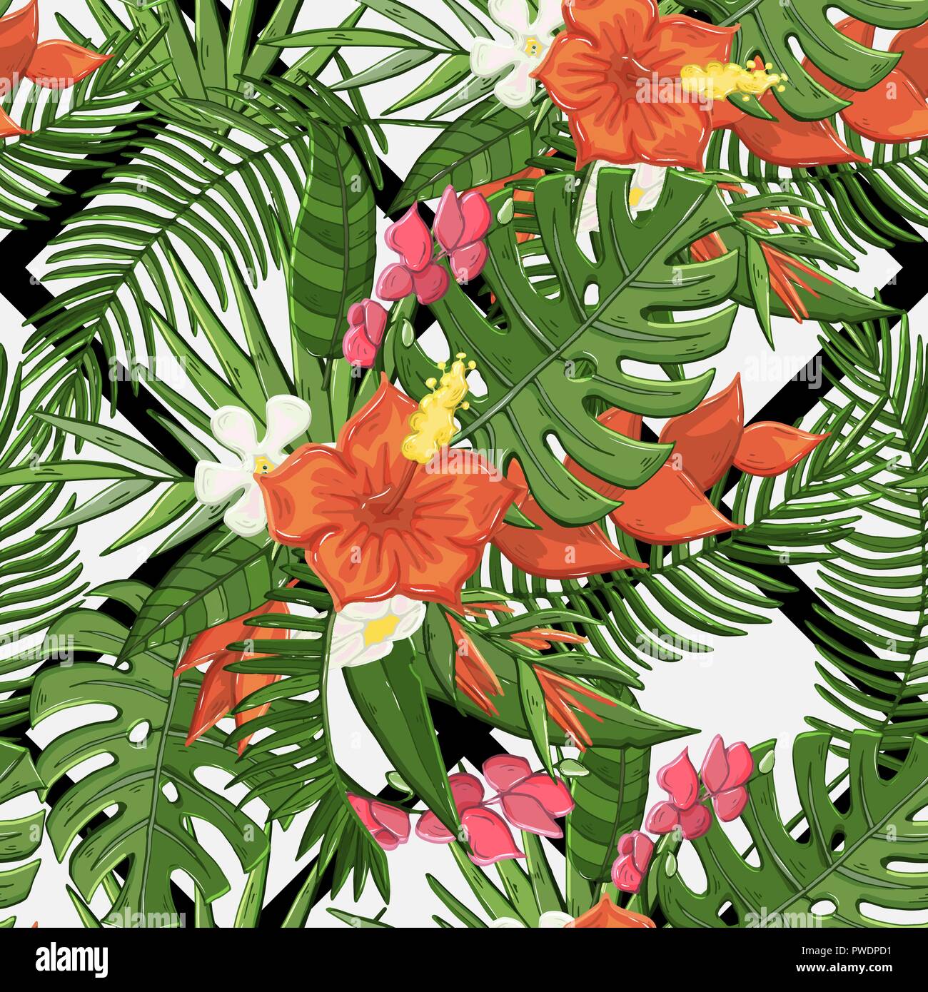 Vector seamless flowers pattern with tropical plants Stock Vector Image ...