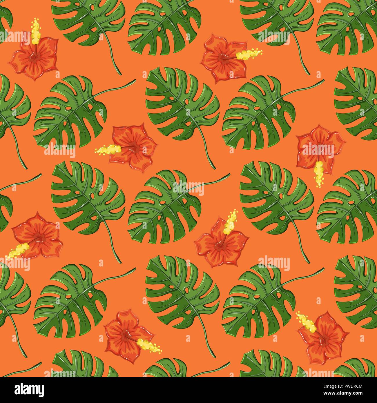 Tropical pattern with monstera plants and flovers Stock Vector