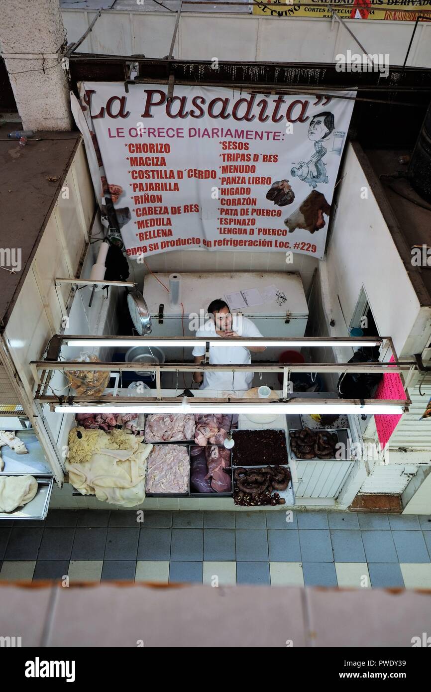 Stall in the Mercado La Soledad specializing in pork and beef intestines for human consumption (Leon, Guanajuato, Mexico). Stock Photo