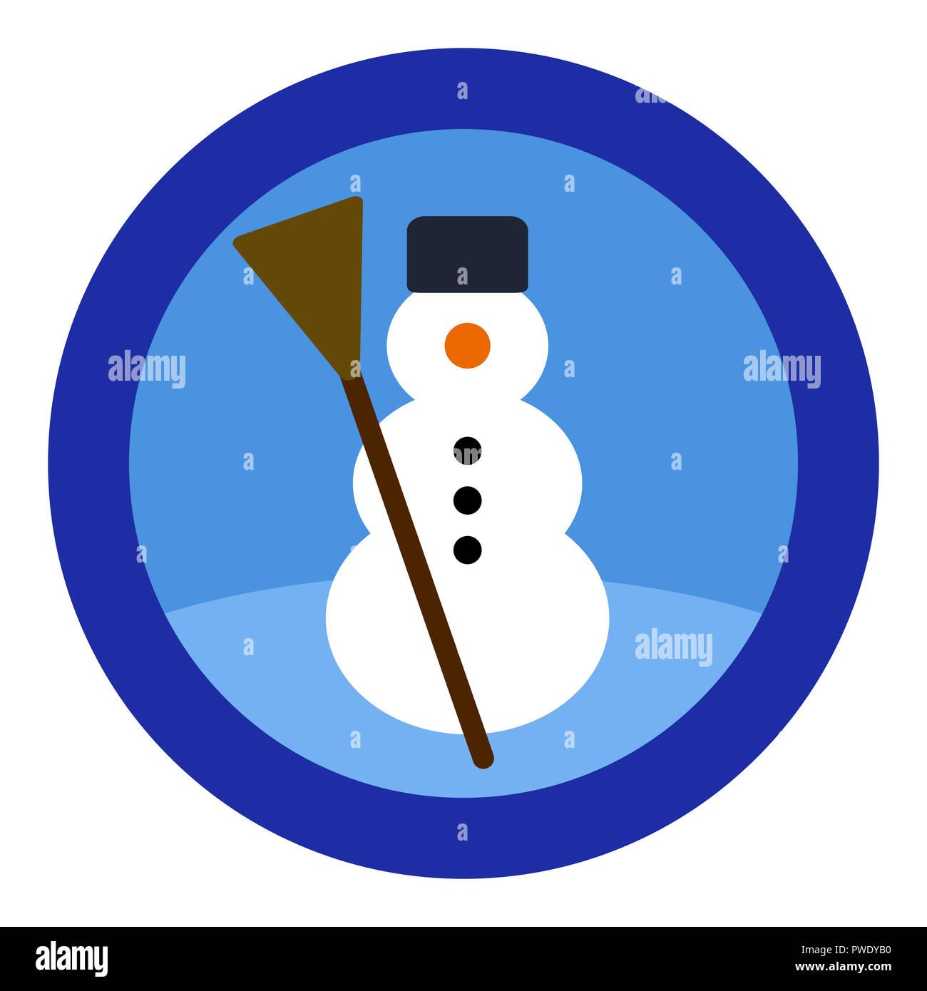 Snowman logo, blue sky, round blue frame. Simple isolated illustration on white background. Stock Photo