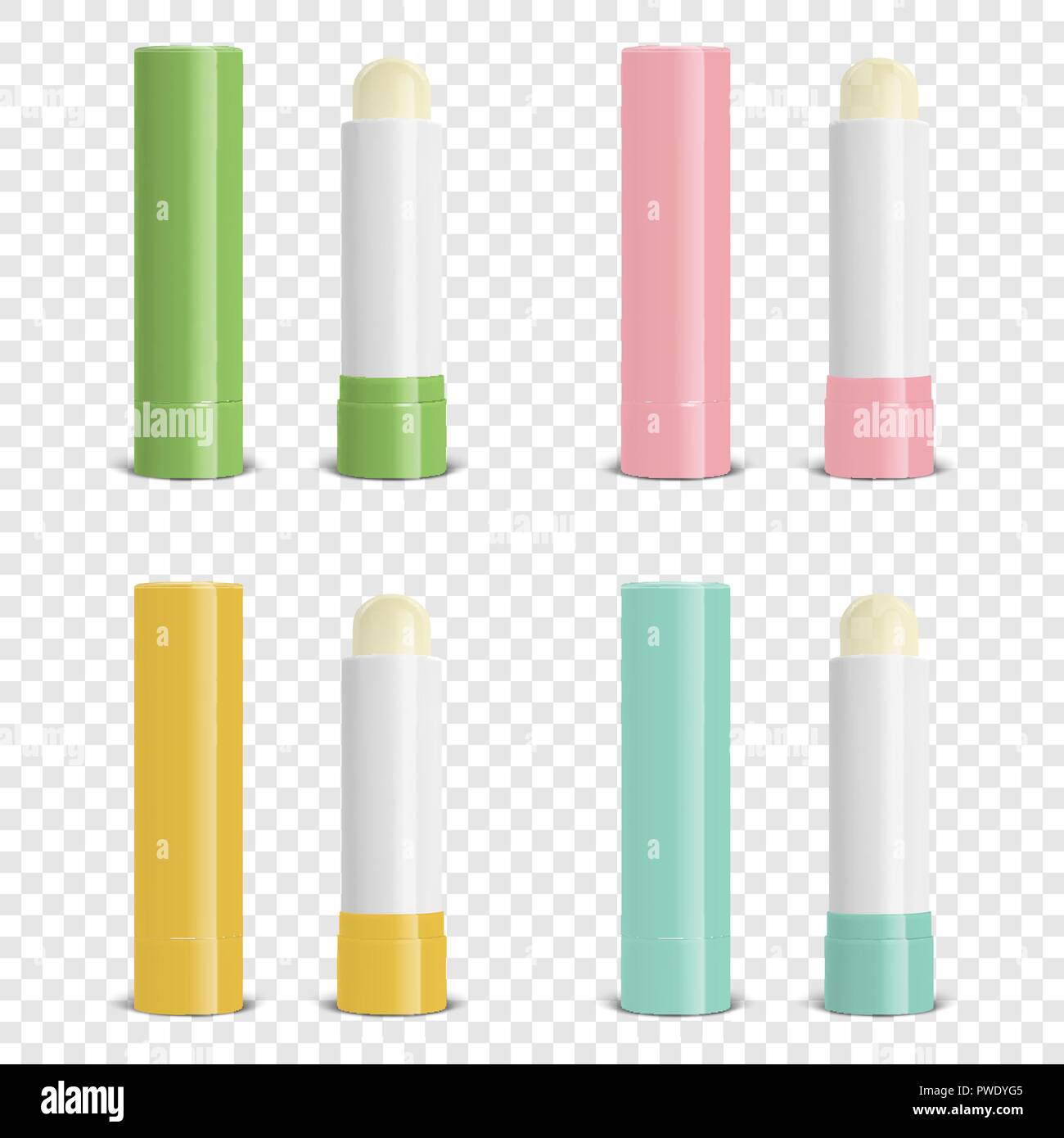 Download Vector Realistic 3d Blank Closed And Opened Lip Balm Stick Set Green Pink Orange Blue Closeup Isolated On Transparent Background Design Template For Cosmetic Packaging Lipstick Mockup Stock Vector Image