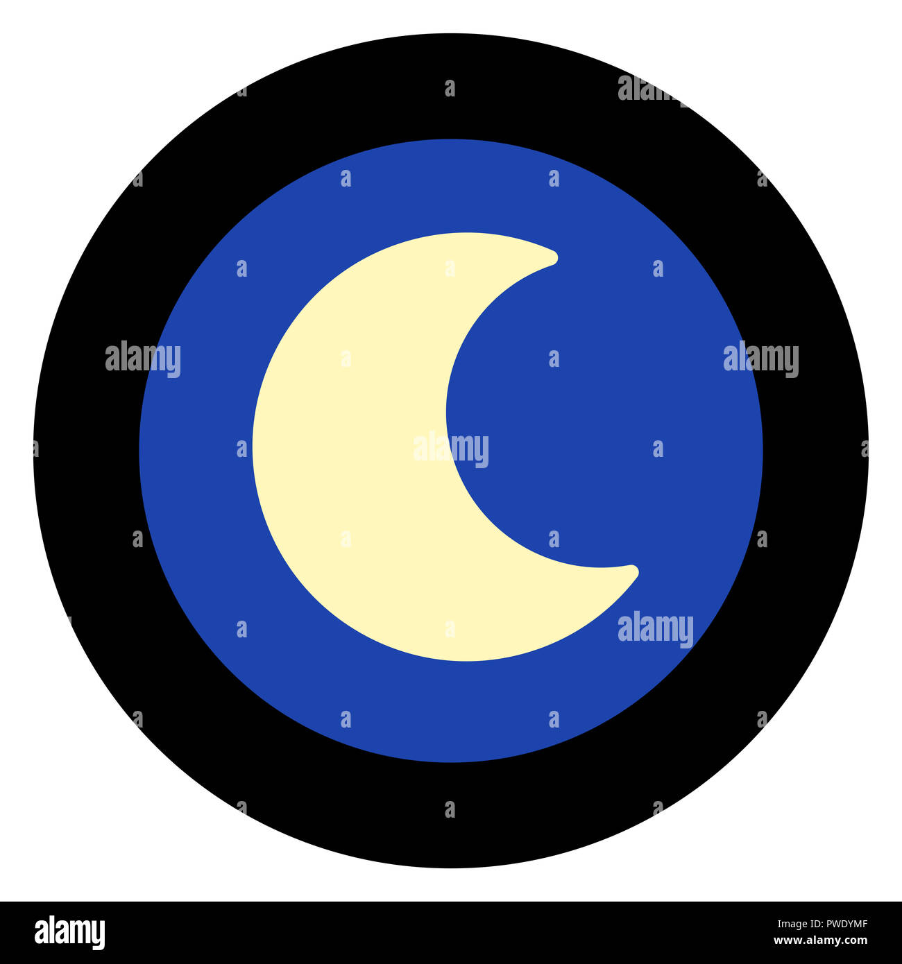 Moon logo, night sky, round black frame. Simple illustration on white background. Stock Photo