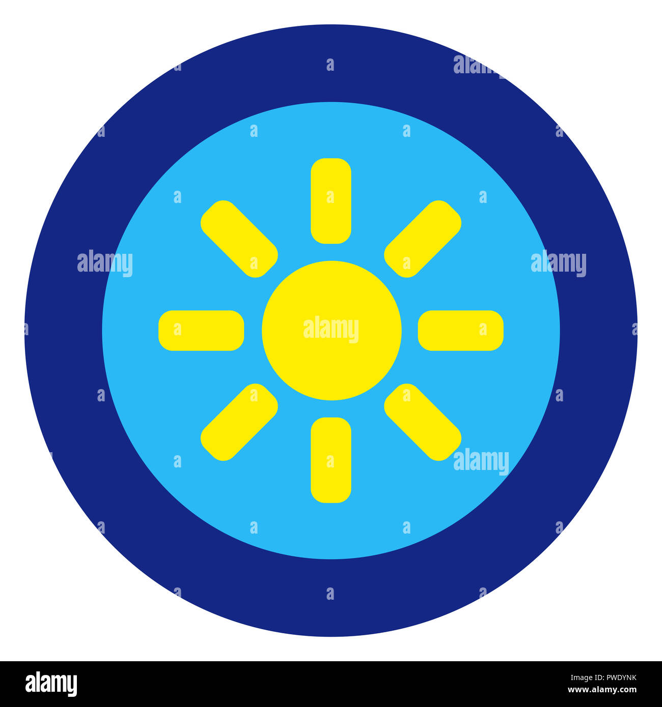 Sun logo, blue sky, round blue frame. Simple illustration on white background. Stock Photo