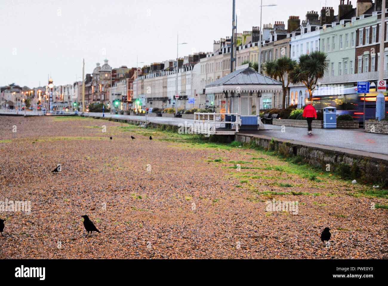 Weymouth. 15th October 2018. People are out early, strolling along Weymouth beach despite the continuous rainfall Credit: stuart fretwell/Alamy Live News Stock Photo