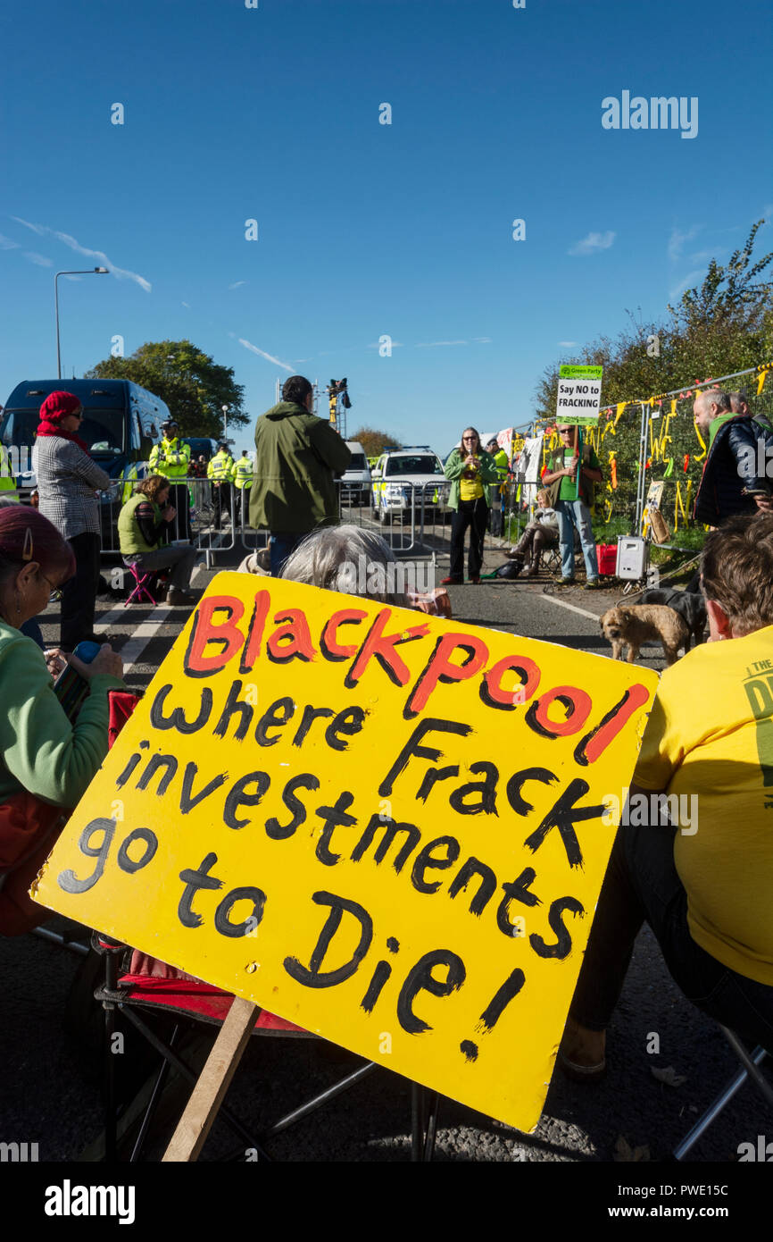 Blackpool, UK. 16th. October 2018: Anti-fracking protesters continued their protest against Cuadrilla as the company begins to frack the wells at their exploratory shale gas site beside Preston New Road, Little Plumpton near Blackpool.  Two protesters locked on to a device in the road at Wensley's farm who leased the land to Cuadrilla. The police closed the section of Preston New Road  causing motorists to divert to alternative routes. Credit: Dave Ellison/Alamy Live News Stock Photo