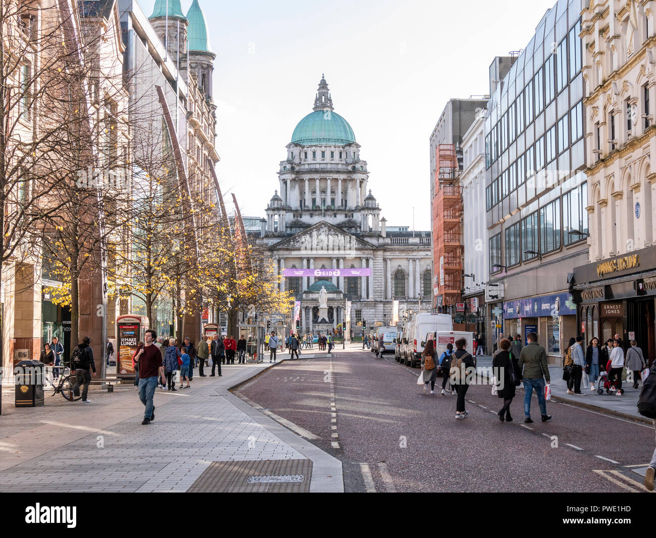 Belfast, Northern Ireland, UK, 15 October, 2018. Figures show a drastic dip in shoppers with a 30% reduction compared to September last year. The drop is being attributed to the Primark fire on 28 August. The area remains cordoned off, splitting the city's busiest thoroughfare in two. Credit J Orr/Alamy Live news Stock Photo