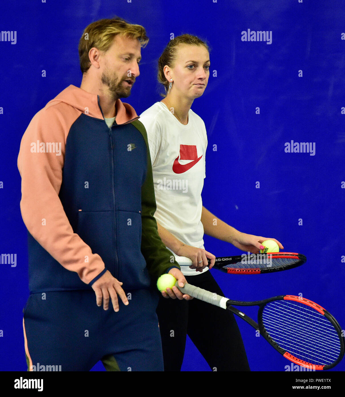 Prague, Czech Republic. 15th Oct, 2018. Czech tennis player Petra Kvitova  (right) and her coach Jiri Vanek are seen during a training session before  their departure to the WTA Finals, in Prague,