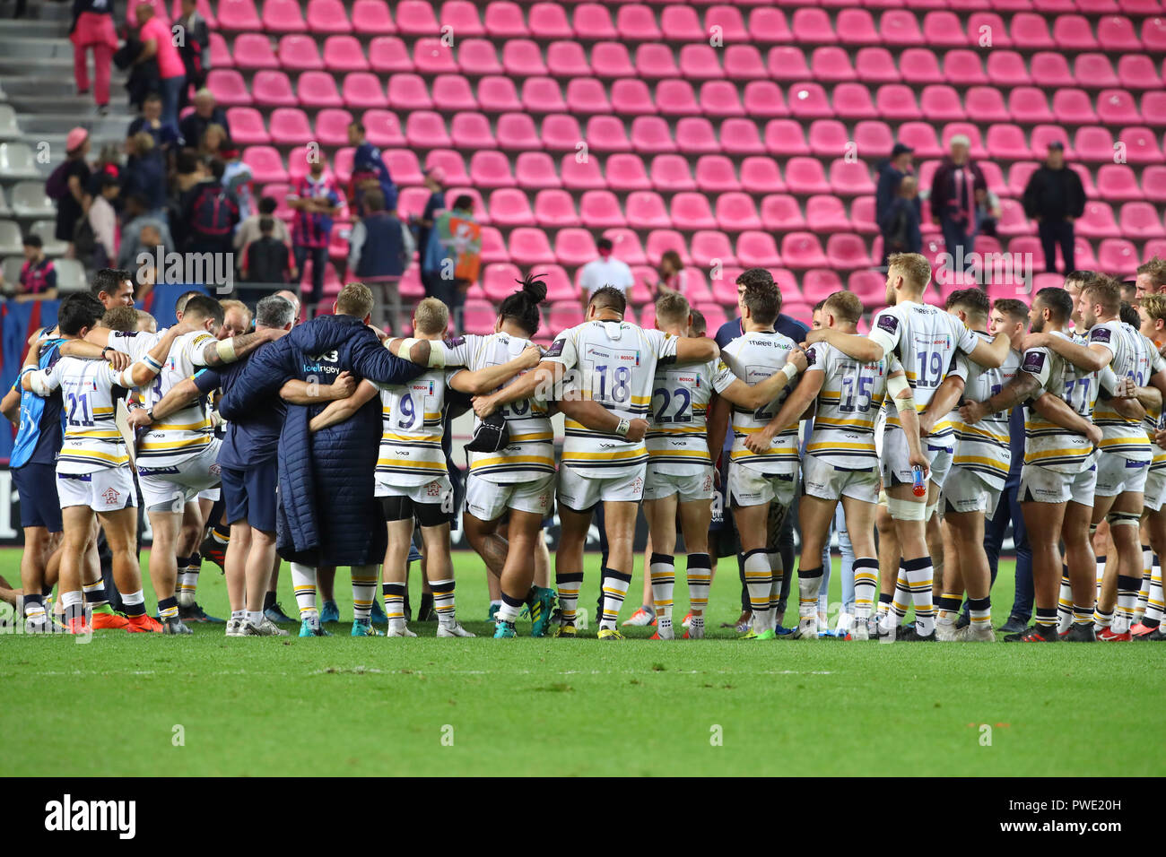 Paris, France. 13th Oct, 2018. European Challenge Rugby Union Stade Francais versus Worcester; Worcester players celebrate their iwn Credit: Action Plus Sports/Alamy Live News Stock Photo