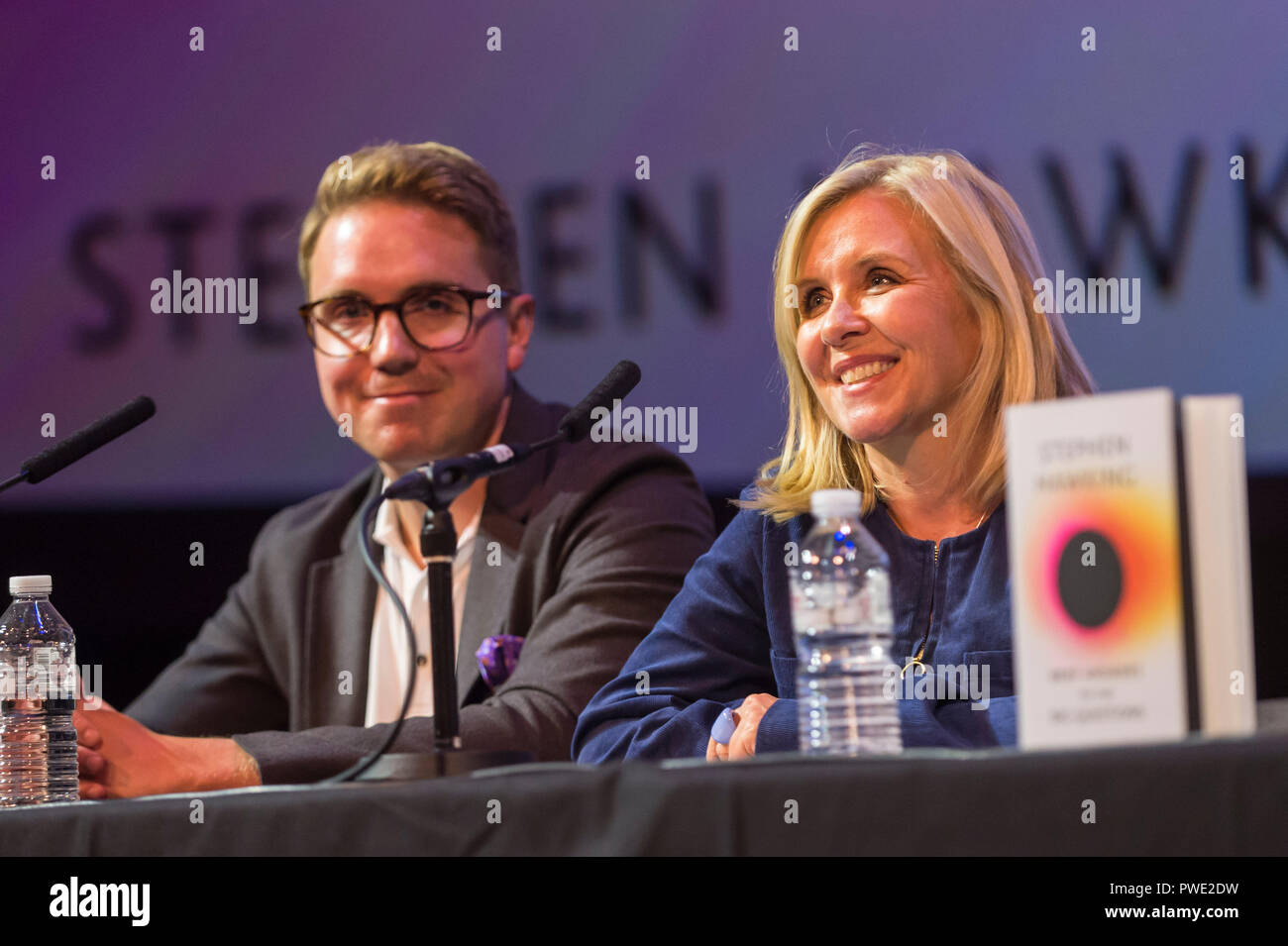 London, Britain. 15th Oct, 2018. Timothy Hawking (L) and Lucy Hawking, Stephen Hawking's son and daughter, attend the global launch of "Brief Answers to the Big Questions", the final book by Stephen Hawking at the Science Museum in London, Britain, on October 15, 2018. Credit: Stephen Chung/Xinhua/Alamy Live News Stock Photo
