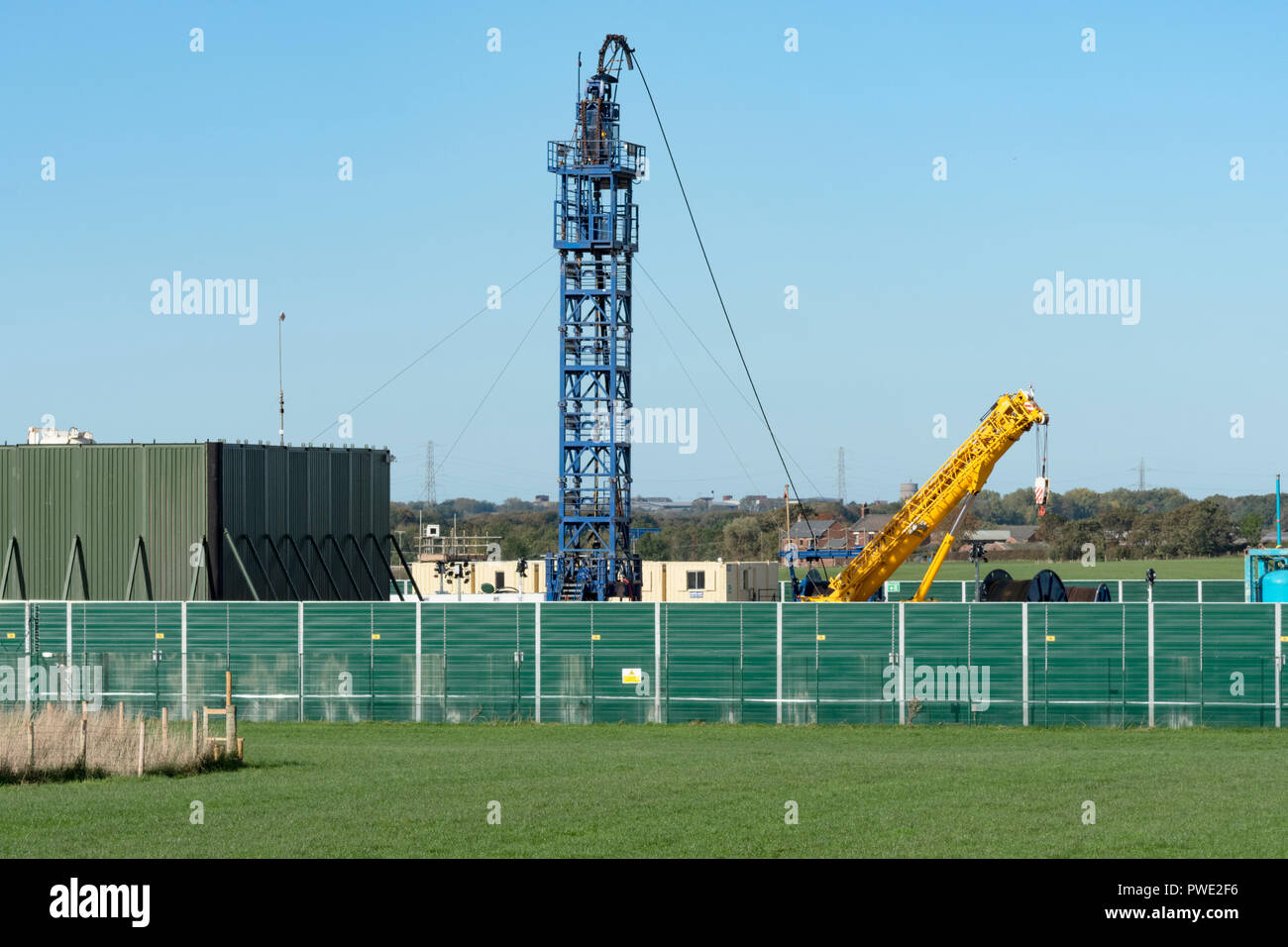 Blackpool. 16th. October 2018: Cuadrilla finally start fracking at their Preston New Road site after 7 years. Legal challenges and protests have contiually delayed Cuadrilla commencing their exploratory shale gas fracking tests  at the site. Protests were carried out today as the anti-fracking protesters vow to continue to campaign to get fracking stopped in Britain. Several protesters locked on devices causing Preston New Road to be closed to traffic for part of the day. Credit: Dave Ellison/Alamy Live News Stock Photo