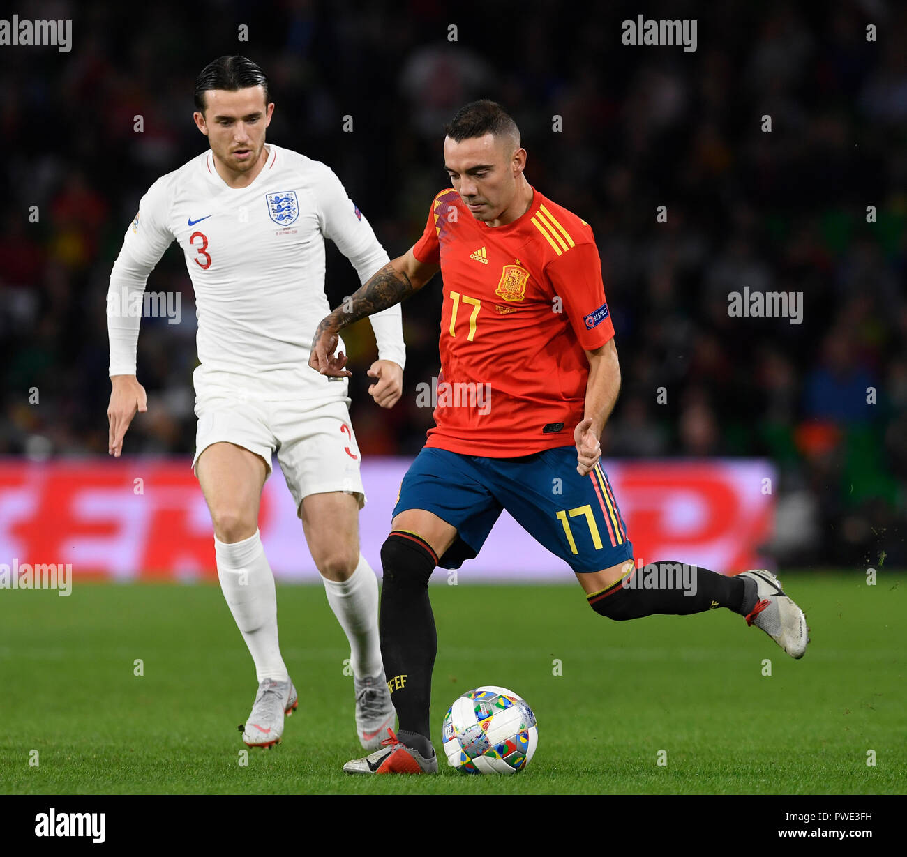 Lago Aspas(R) of the national team of Spain with Chilwell(L) of the England  national team in action in a match belonging to the UEFA League of Nations,  fourth round, facing Spain -