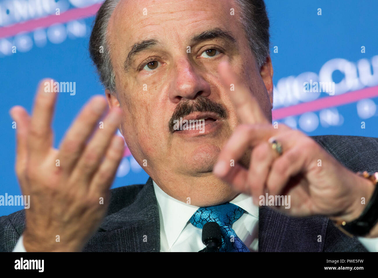 Washington DC, USA. 15th Oct 2018. Larry Merlo, President and CEO of CVS Health, participates in an interview during an Economic Club of Washington event in Washington, D.C., on October 15, 2018. Credit: Kristoffer Tripplaar/Alamy Live News Stock Photo