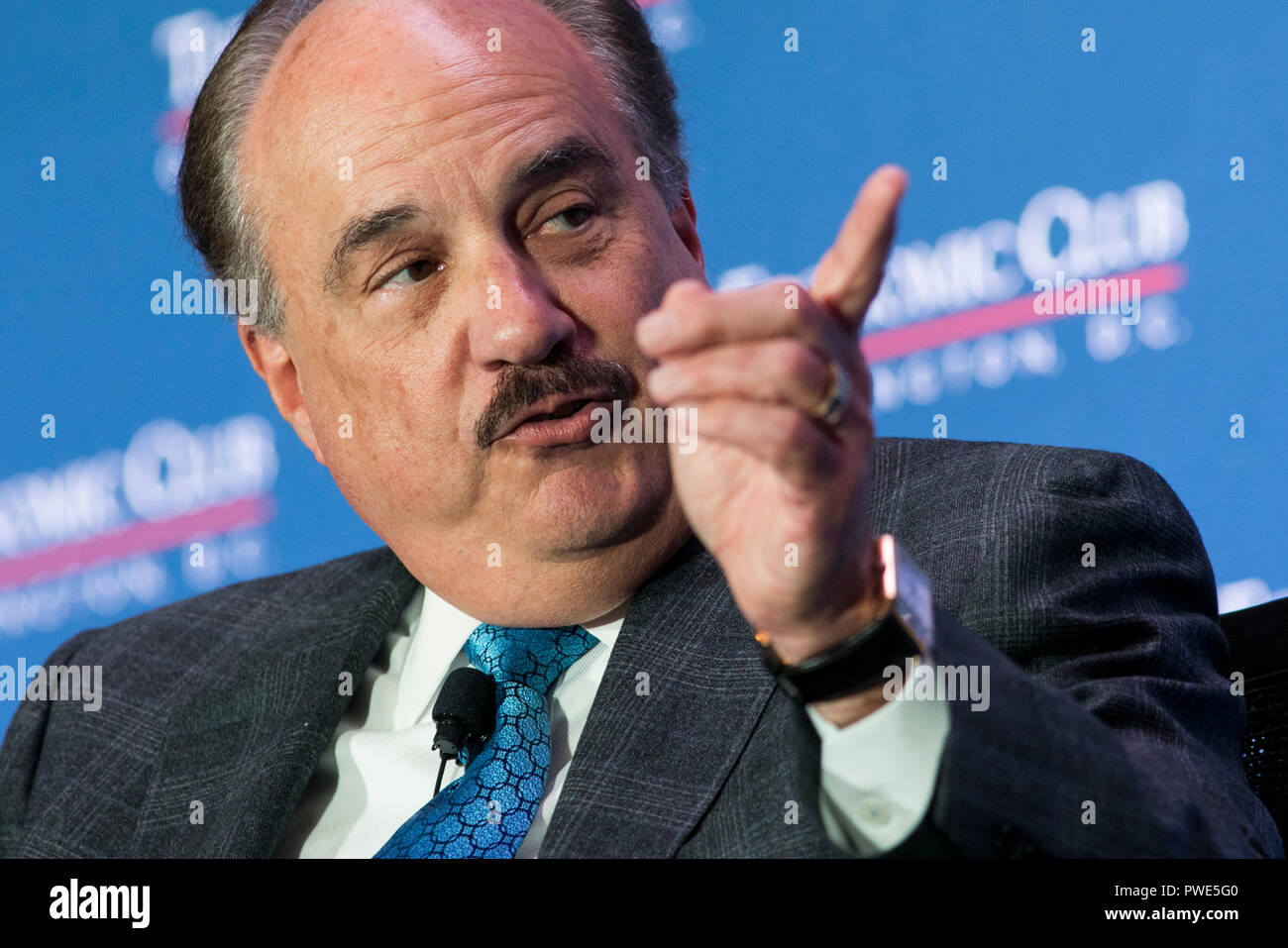 Washington DC, USA. 15th Oct 2018. Larry Merlo, President and CEO of CVS Health, participates in an interview during an Economic Club of Washington event in Washington, D.C., on October 15, 2018. Credit: Kristoffer Tripplaar/Alamy Live News Stock Photo