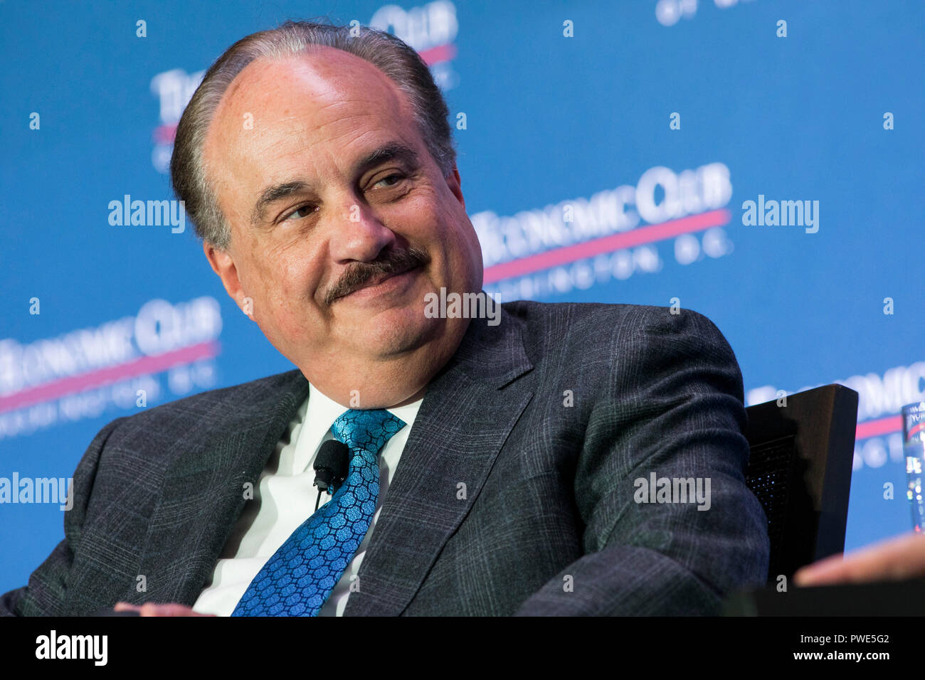 Washington DC, USA. 15th Oct 2018. Larry Merlo, President and CEO of CVS Health, participates in an interview during an Economic Club of Washington event in Washington, D.C., on October 15, 2018. Credit: Kristoffer Tripplaar/Alamy Live News Stock Photo